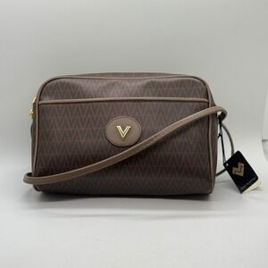 Mario Valentino Brown Monogram V Camera Crossbody Bag Gold Hardware Vintage EUC
